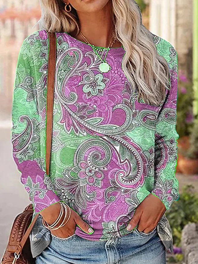 Paisley Rundhals Lässig Weit T-Shirt