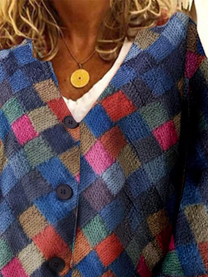 Farbblock V-Ausschnitt Geknöpft Lässig Strickjacke