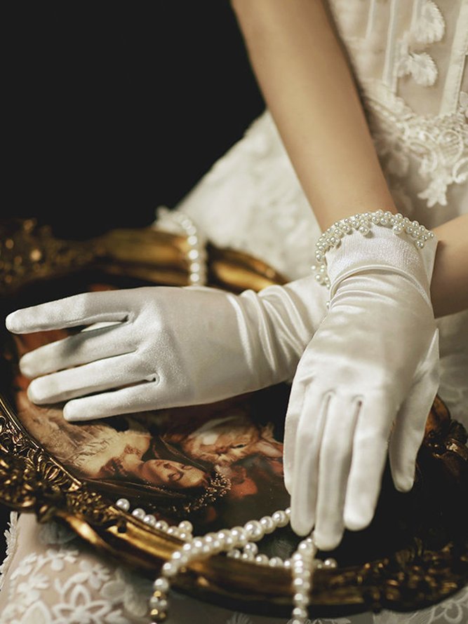 Elegant Nachgemachte Perle Satin Party Handschuhe