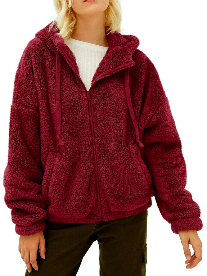 Lässig Kapuze Unifarben Fluff/Granular-Fleece-Stoff Teddy Jacke