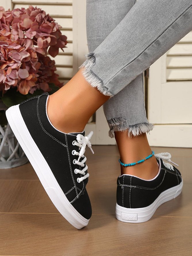 Damen minimalistisch Schwarz Lässig Schnürung Segeltuch Schuhe