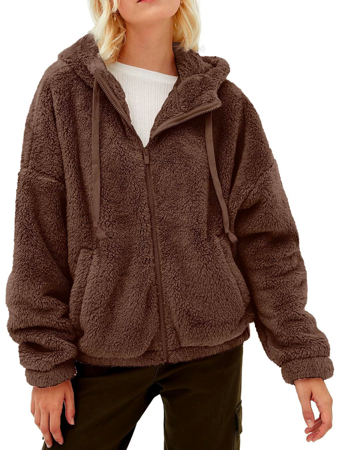 Lässig Kapuze Unifarben Fluff/Granular-Fleece-Stoff Teddy Jacke