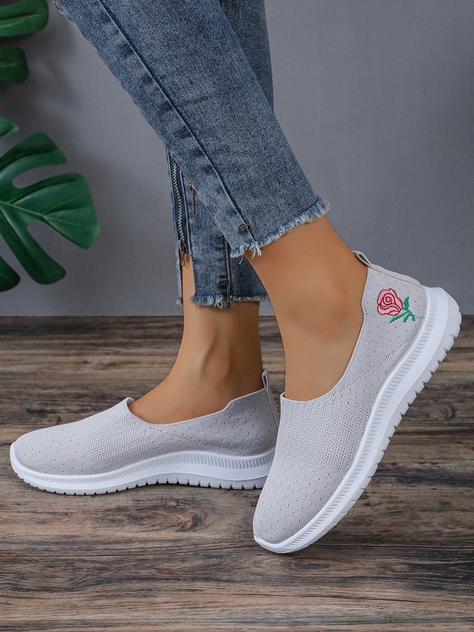 Rosa Stickerei Grau Atmungsaktiv Slip On Flyknit Sneakers