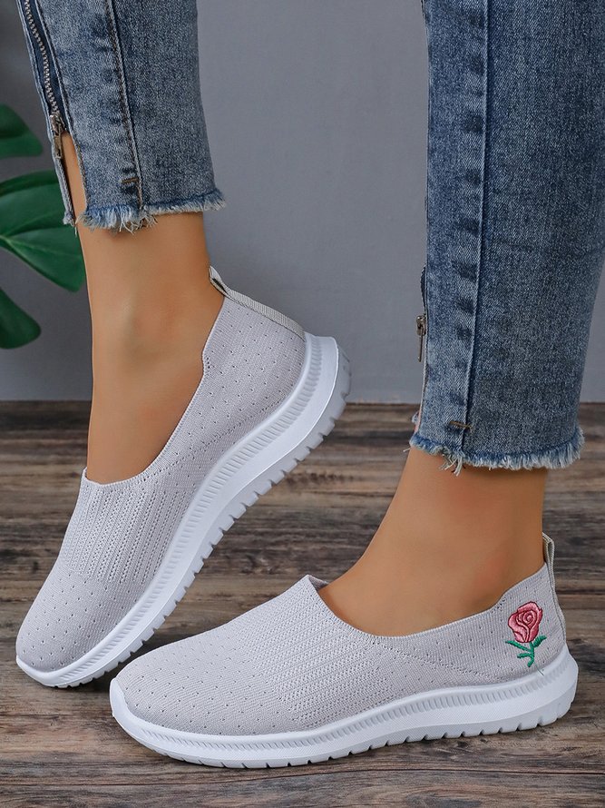 Rosa Stickerei Grau Atmungsaktiv Slip On Flyknit Sneakers