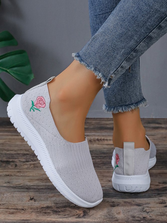 Rosa Stickerei Grau Atmungsaktiv Slip On Flyknit Sneakers