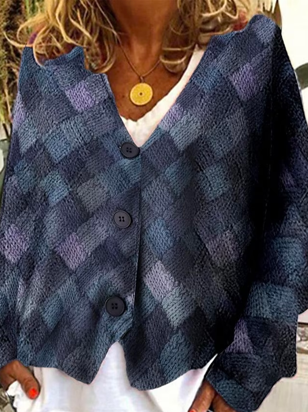 Farbblock V-Ausschnitt Geknöpft Lässig Strickjacke