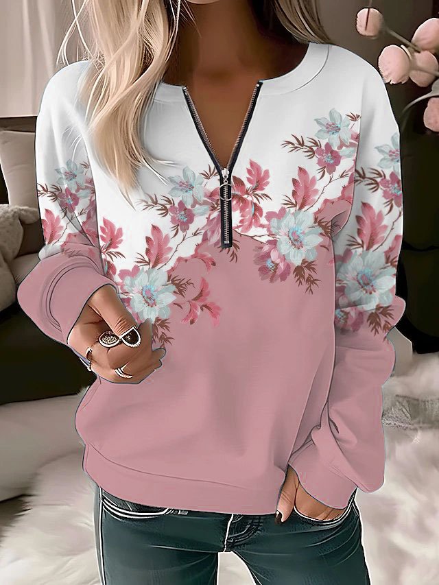 Lässig Farbkontrast Geblümt Reißverschluss Stricken Weit Sweatshirt