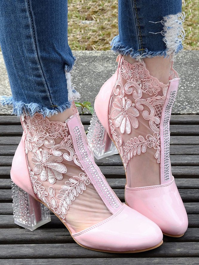 Geblümt Stickerei Strass klar Blockabsatz Fashion Stiefelette