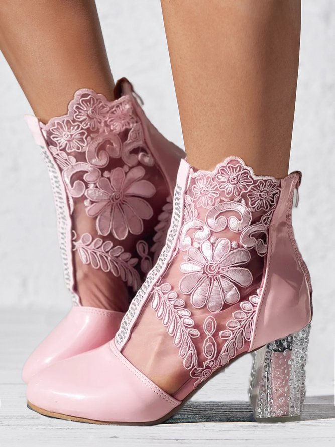 Geblümt Stickerei Strass klar Blockabsatz Fashion Stiefelette
