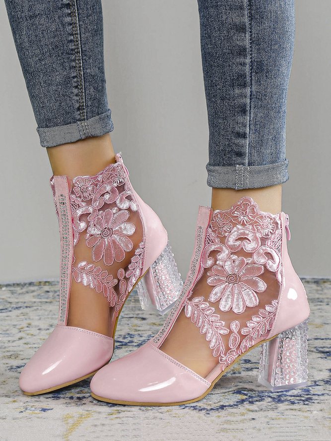 Geblümt Stickerei Strass klar Blockabsatz Fashion Stiefelette
