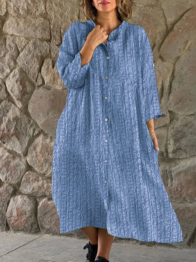 Lässig Weit Hemdkragen Unifarben Kleid mit Nein