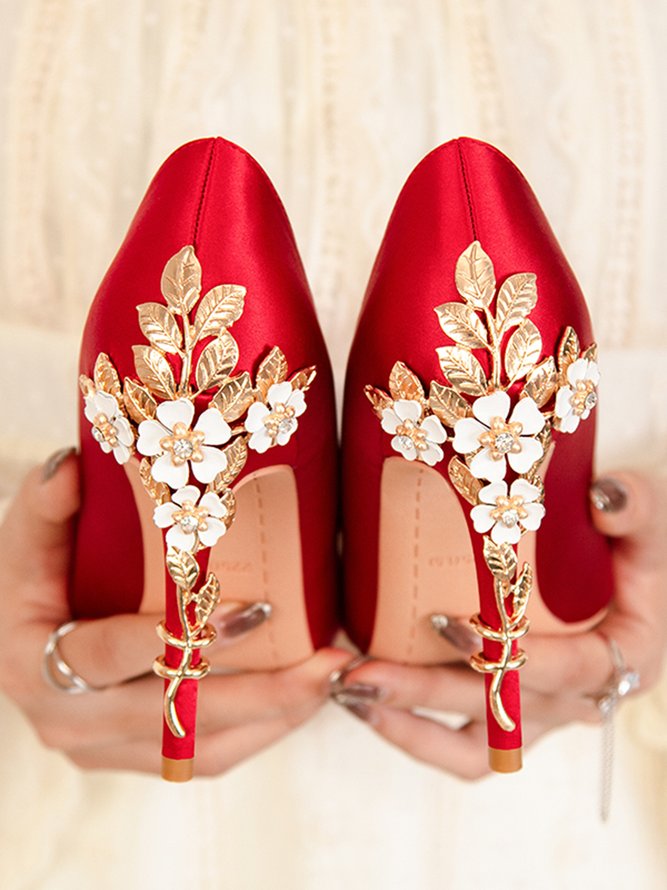 Elegant Satin stilvoll Metallisch Blume Stiletto-Absatz Pumps für Hochzeit
