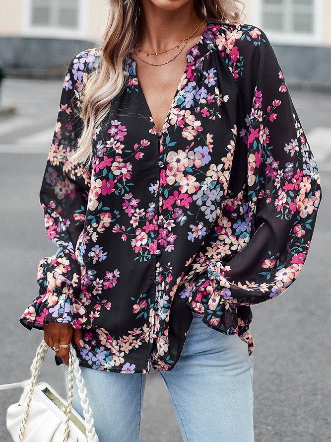 Hemdkragen Lässig Print Geblümt Bluse