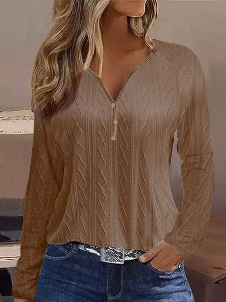 Lässig Gestrickt texturiert V-Ausschnitt Weit T-Shirt
