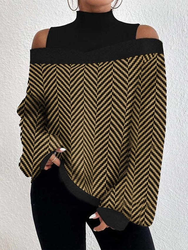 Halber Rollkragen Gestreift Gestrickt Lässig Pullover