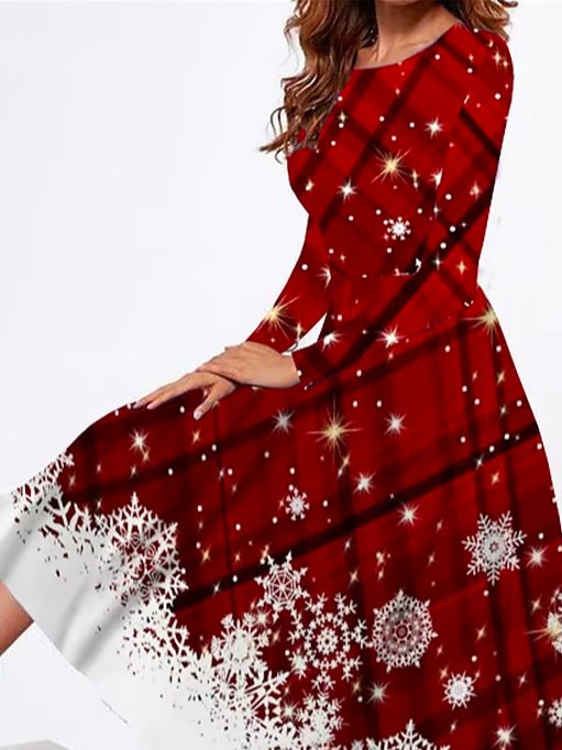 Weit Weihnachten Lässig Rundhals Kariert Kleid mit Nein