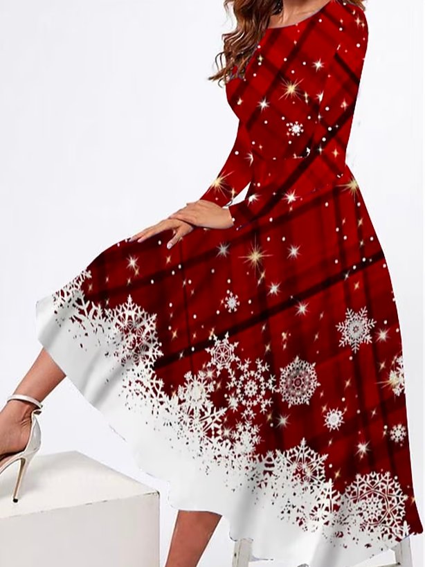 Weit Weihnachten Lässig Rundhals Kariert Kleid mit Nein