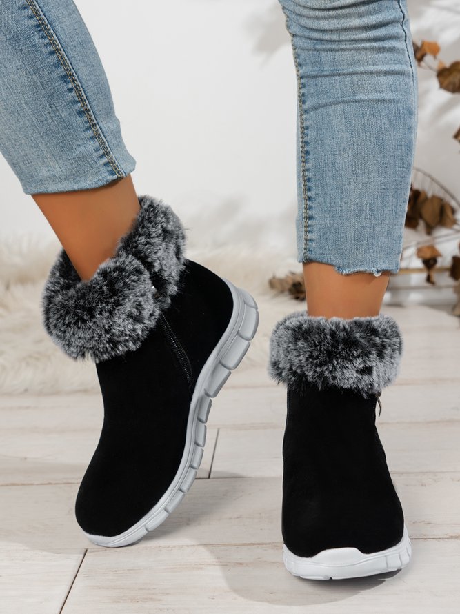 Lässig Schwarz Warm Pelz Gefüttert Seitlicher Reißverschluss Stiefelette