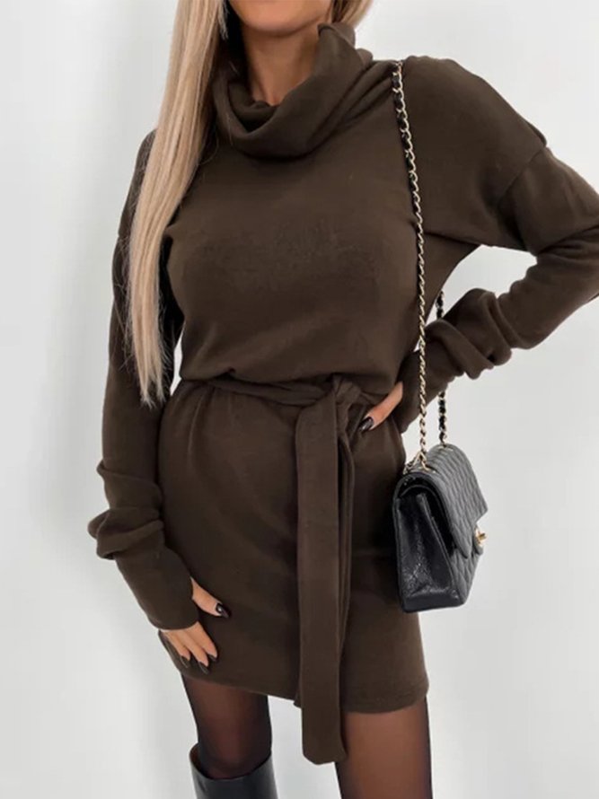 Lässig Unifarben Baumwollmischung Rollkragen Kleid