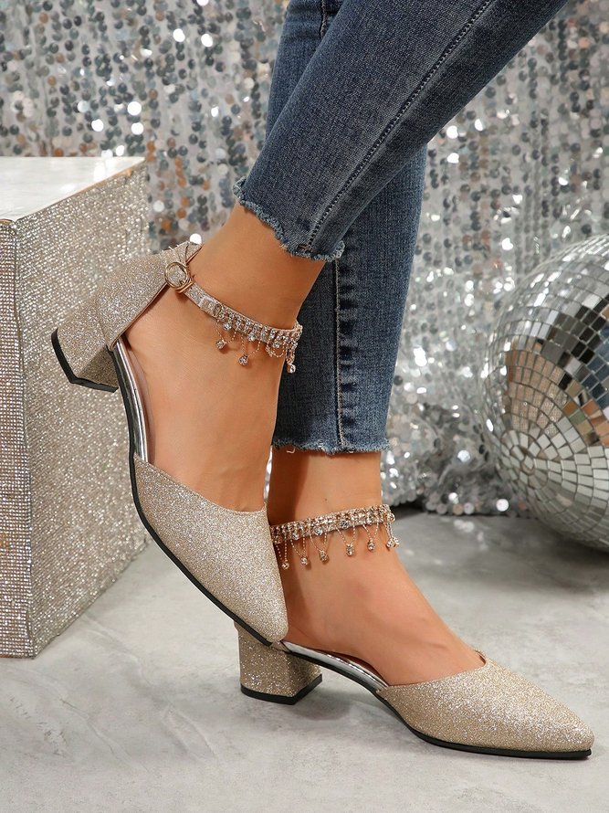 Elegant Strass Dekor Knöchel Gurt Glitzernd Blockabsatz Hohle Schuhe