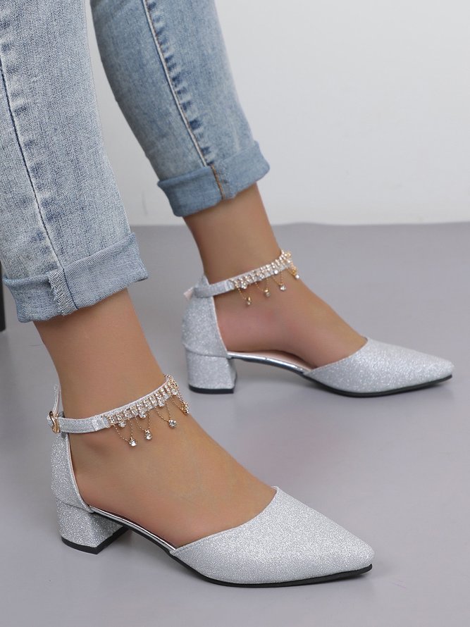 Elegant Strass Dekor Knöchel Gurt Glitzernd Blockabsatz Hohle Schuhe