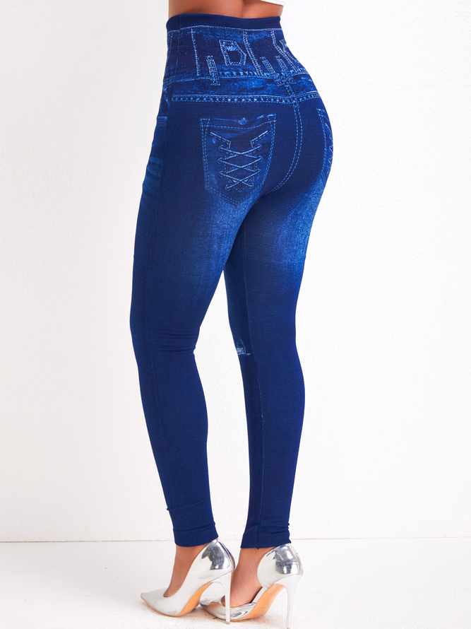 Lässig Fest Geometrisch Denim-Wirkung Print Denimblau Hoch Tailliert Leggings