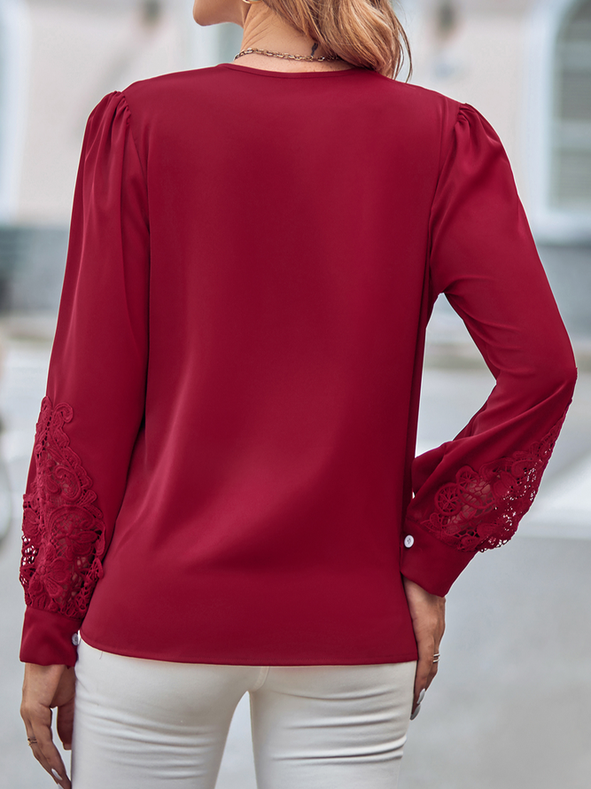 Weit V-Ausschnitt Lässig Unifarben Bluse