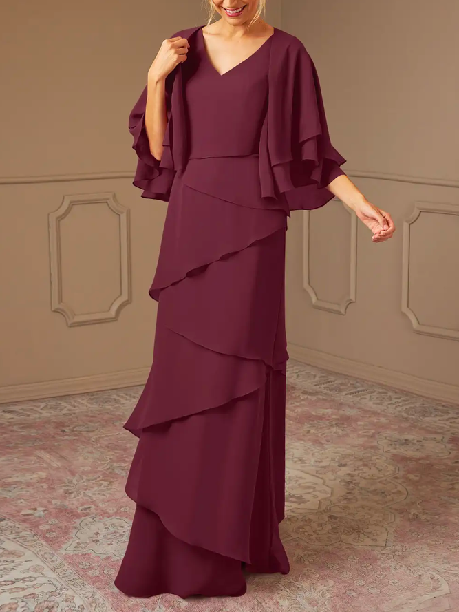 V-Ausschnitt Elegant Chiffon Weit A-Linien Chiffon Bodenlänge Kleid Cabernet Zweiteiliges Set