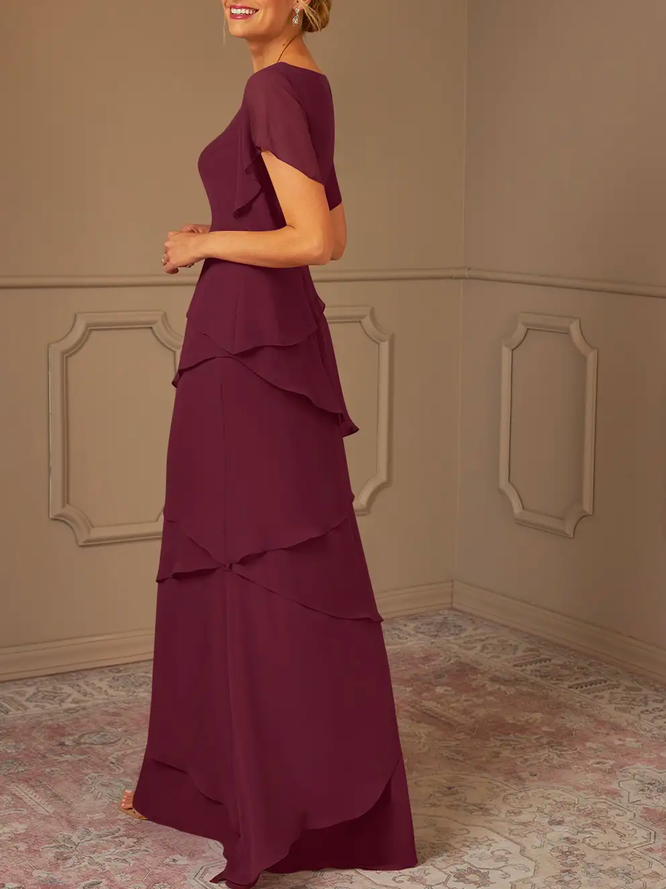 V-Ausschnitt Elegant Chiffon Weit A-Linien Chiffon Bodenlänge Kleid Cabernet Zweiteiliges Set