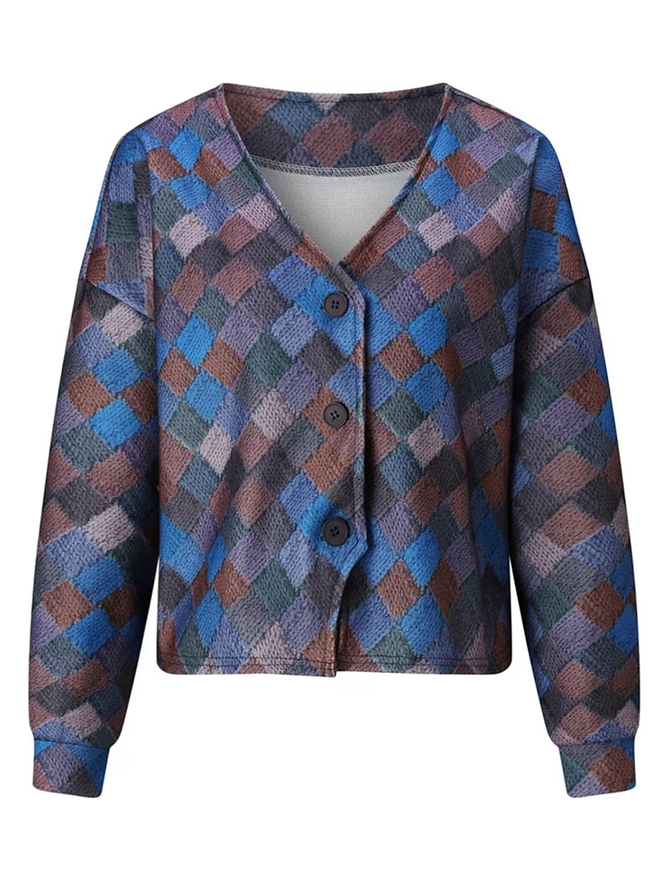 Farbblock V-Ausschnitt Geknöpft Lässig Strickjacke