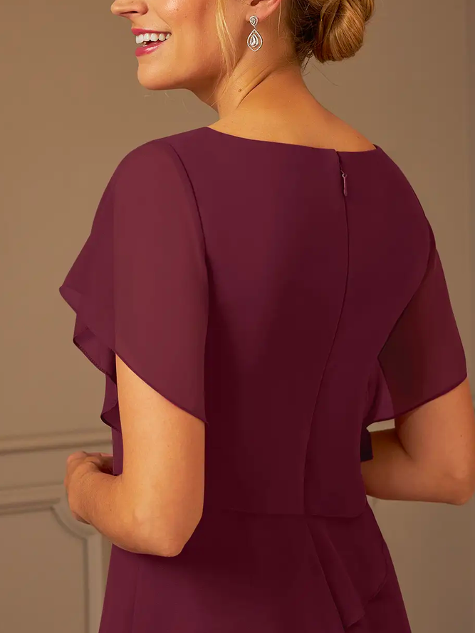 V-Ausschnitt Elegant Chiffon Weit A-Linien Chiffon Bodenlänge Kleid Cabernet Zweiteiliges Set