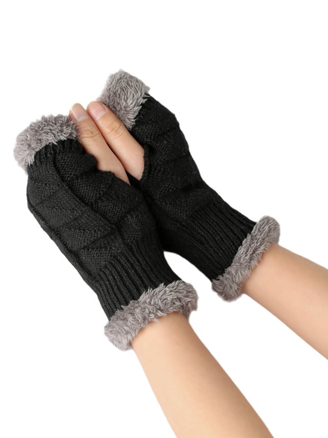 Lässig Gestrickt Warm Pelzig Kurz Fingerlos Handschuhe