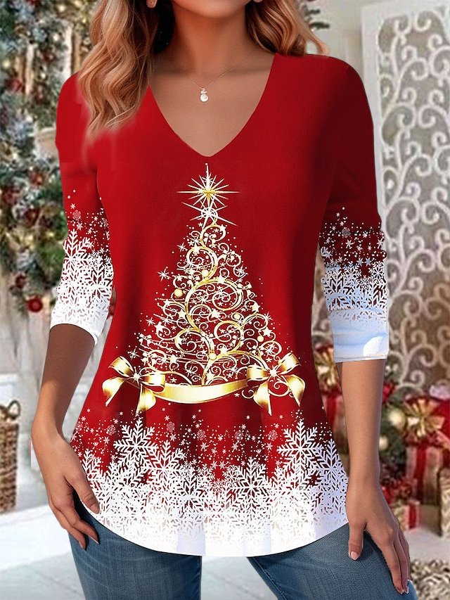 Lässig Weihnachten V-Ausschnitt Weit T-Shirt