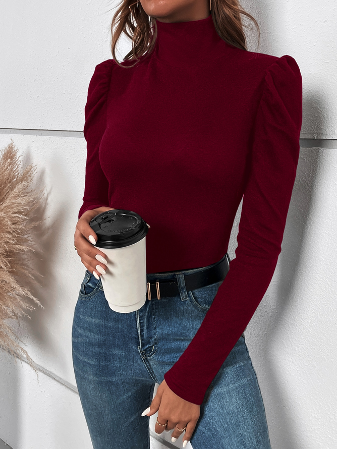 Elegant Geknöpft Unifarben Knopf Zurück Hoher Kragen Puffärmel T-Shirt