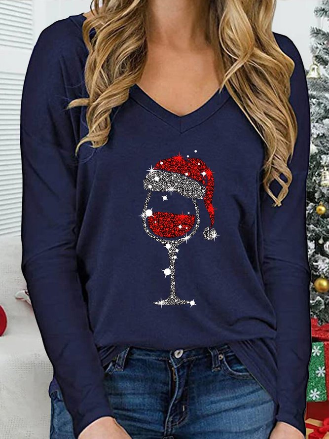 Weihnachten V-Ausschnitt Weit Lässig T-Shirt