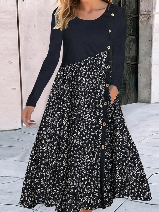 Damen Lässig Geblümt Frühling/Herbst Geknöpft Weit Jersey T-Shirt-Kleid Regelmäßig Nein Kleider