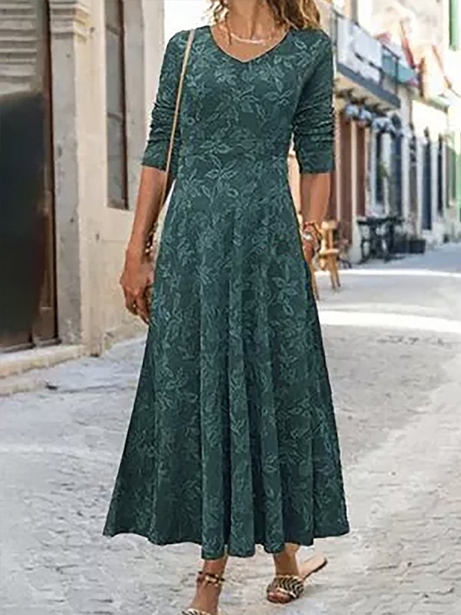 Damen Lässig Geblümt Frühling/Herbst Polyester Normal Mikroelastizität Maxikleid H-Linie Nein Kleider