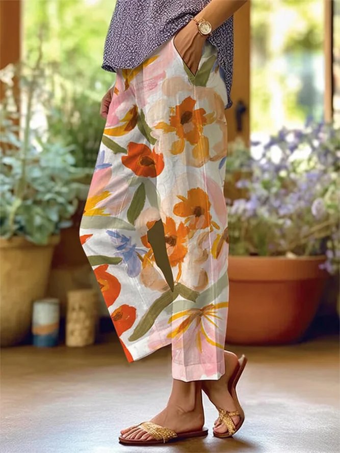 Lässig Geblümt Frühling/Herbst Normal Täglich Gerade Hosen H-Linie Regelmäßig Tasche Patchwork Hose für Damen