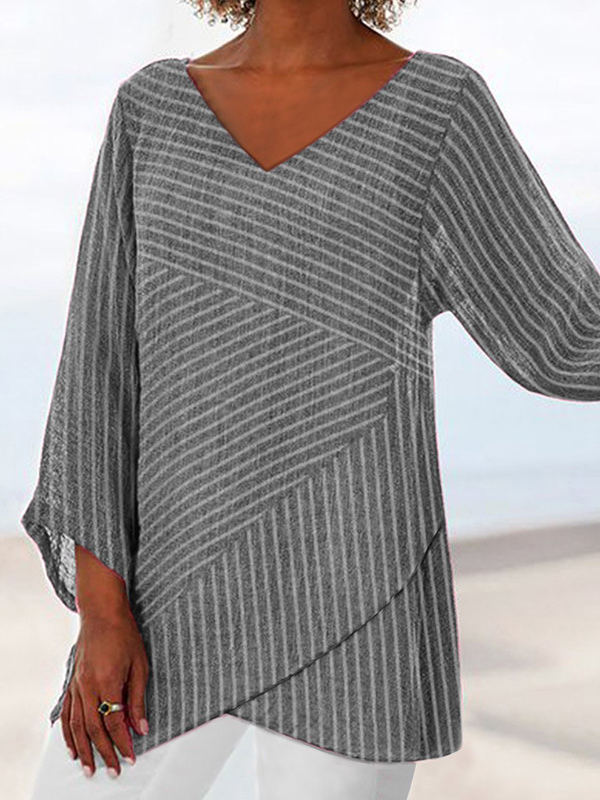 Damen Gestreift Lässig Frühling/Herbst Polyester V-Ausschnitt Keine Elastizität Täglich Regelmäßig Regelmäßig Bluse