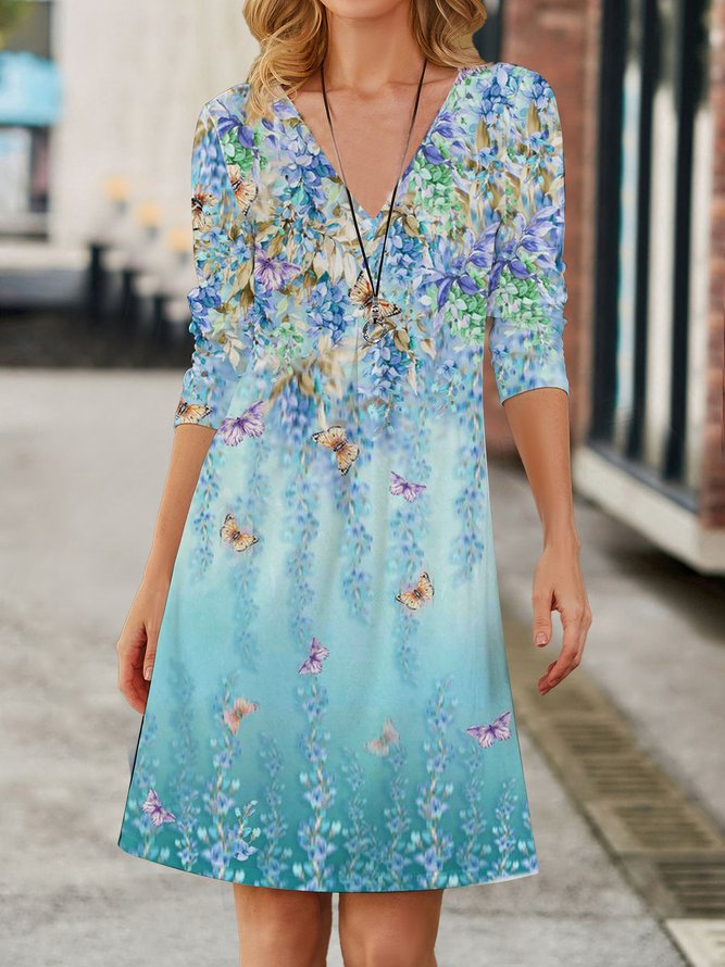 Retro Geblümt Sommer Print Normal Leicht Keine Elastizität Jersey Tunika Kleider für Damen