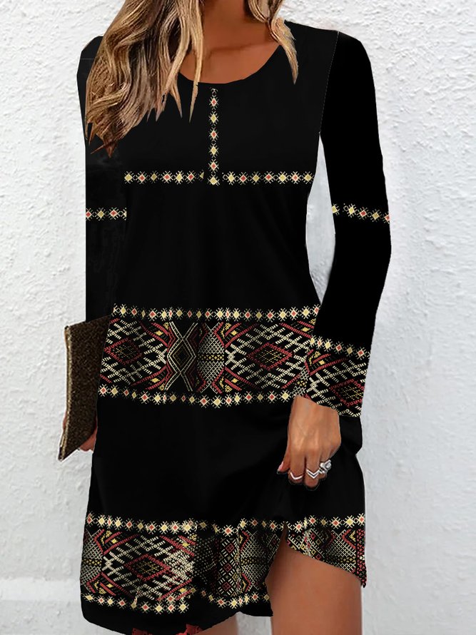 Damen Böhmisch Ethnisch Geometrie Frühling/Herbst Jersey Mini Langarm Rundhals T-Shirt-Kleid H-Linie Kleider