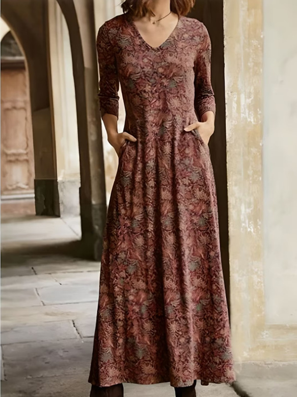 Lässig Geblümt Frühling/Herbst V-Ausschnitt Normal Täglich Jersey Maxikleid H-Linie Kleider für Damen