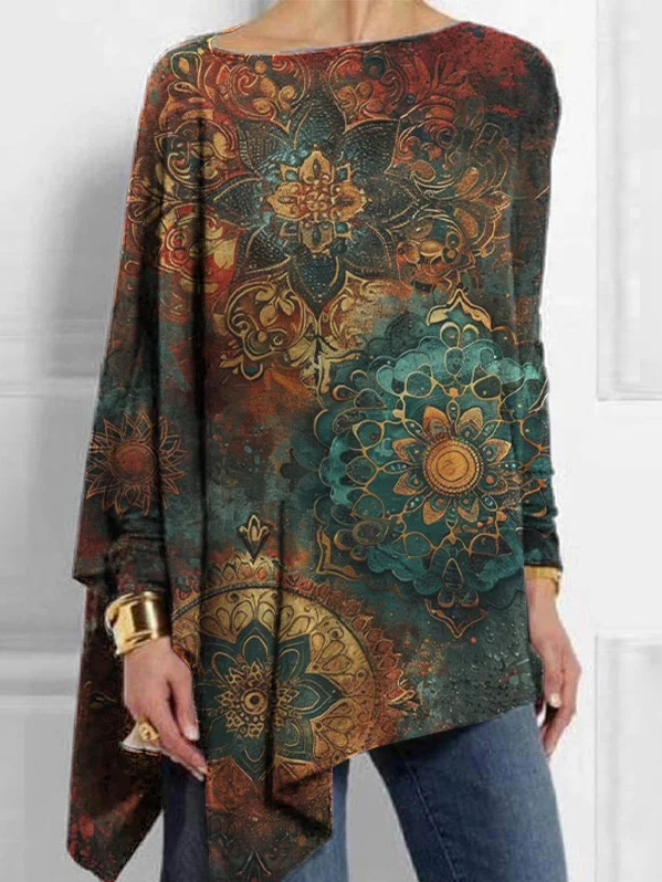 Damen Casual Ethnisch Frühling/Herbst Mikroelastizität Täglich Jersey Langarm Rundhals H-Linie Bluse