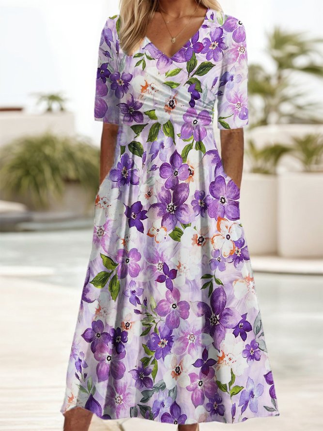 Damen Lässig Geblümt Sommer Polyester Normal Mikroelastizität Urlaub Maxikleid A-Linien Kleider