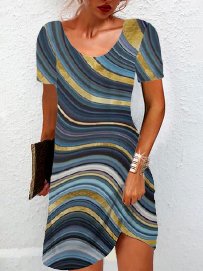 Damen Geometrisch Lässig Sommer Normal Jersey Rundhals T-Shirt-Kleid Mittlere Elastizität Nein Gürtel Kleider