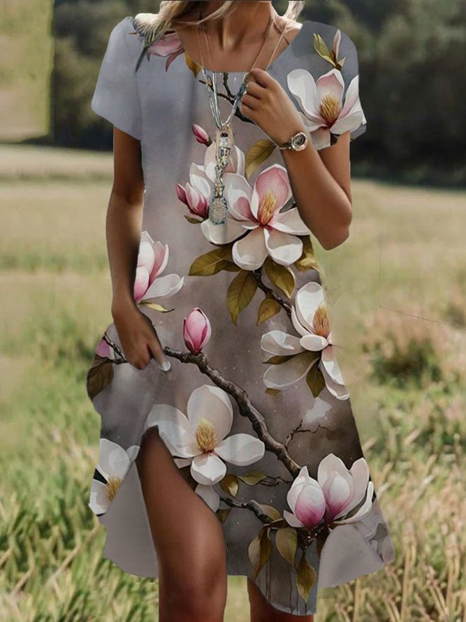 Lässig Geblümt Sommer Normal Mikroelastizität Midi Kurzarm T-Shirt-Kleid H-Linie Kleider für Damen