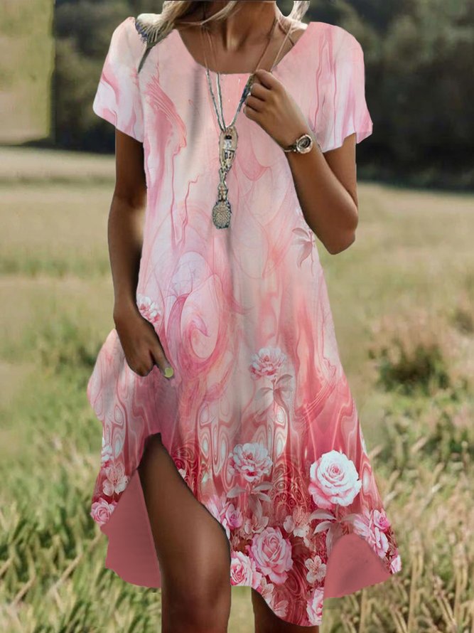 Damen Casual Geblümt Sommer Normal Mikroelastizität Täglich Weit T-Shirt-Kleid Regelmäßig Kleider