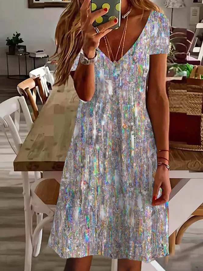Lässig Farbverlauf Sommer V-Ausschnitt Täglich T-Shirt-Kleid Nein Knielänge 2025POD Kleider für Damen