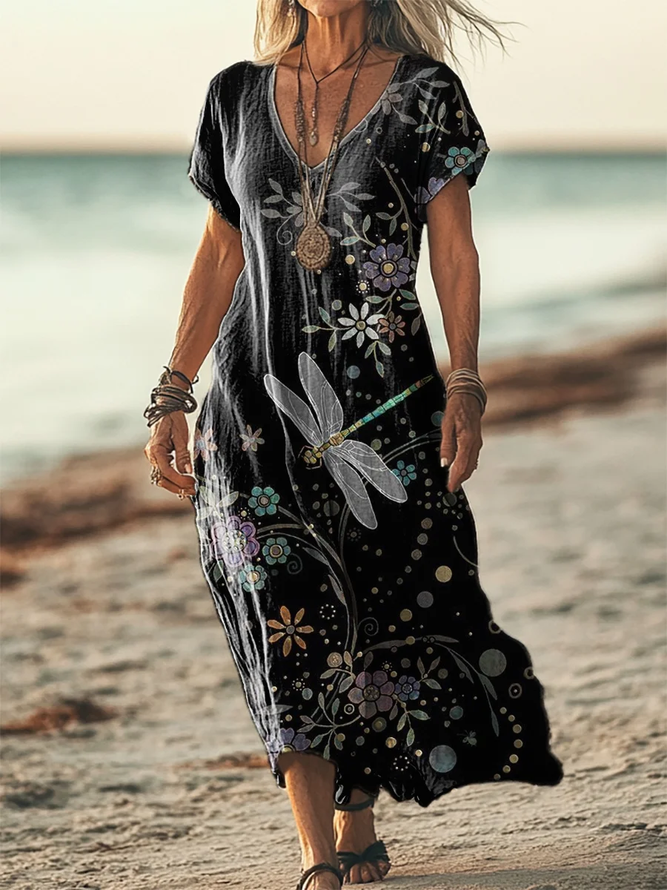 Lässig Libelle Sommer Polyester V-Ausschnitt Normal Maxikleid Kurzarm Nein Kleider für Damen