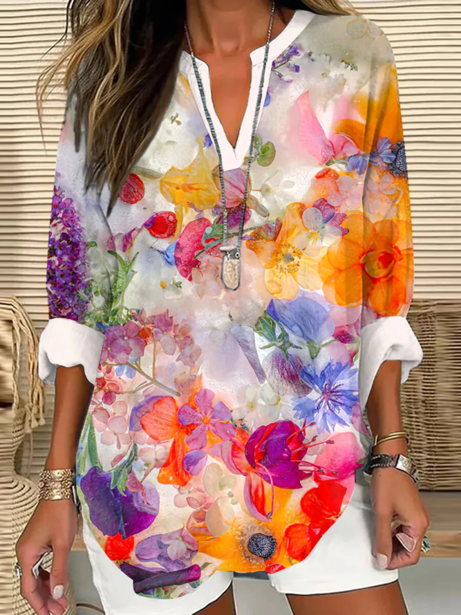 Damen Casual Geblümt Frühling/Herbst Polyester V-Ausschnitt Mikroelastizität Täglich Langarm Regelmäßig Bluse